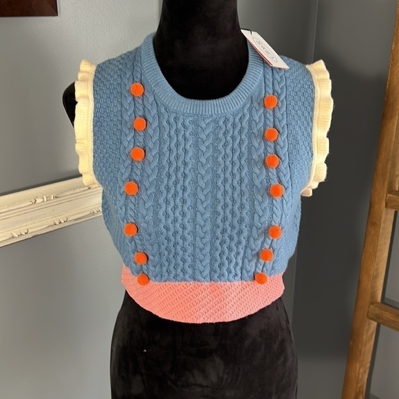 Cider Knit Multi Color Vest with Pom Poms. Sleeveless Sweater Vest L Preppy NWT - Picture 3 of 10